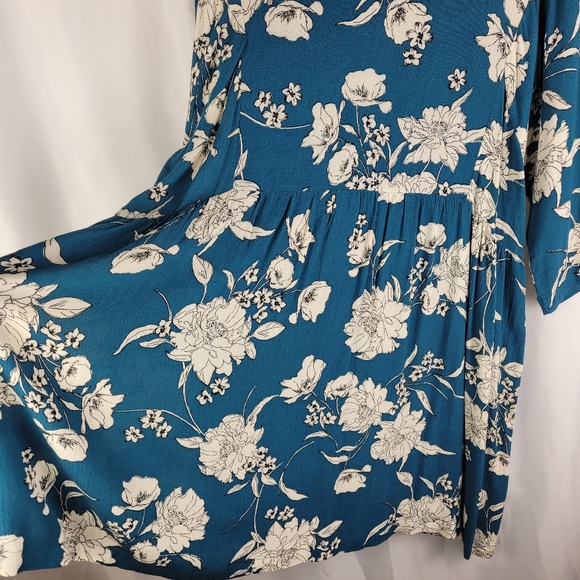 Crescent Teal Floral 3/4 Sleeve Flowy Tunic Midi Shift Dress Women Size Large - Picture 8 of 13
